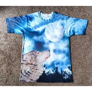 Howling at the Moon Wolf AOP Print T-Shirt Men's Large Graphic Short Sleeve